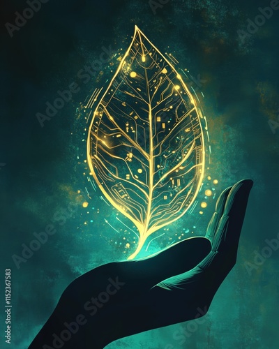 Digitalisiertes Blatt mit Umweltsymbolik