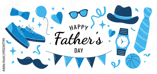 Happy Father's Day set. Tie, mustache, hat, glasses, watch, ball, shoes, сonfetti, hearts, stars. Hand drawn vector illustration isolated on white background