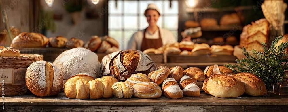 A cheerful bakery scene with an array of artisan bread Artisan bread in a cheerful bakery Warm bakery vibes with fresh loaves Rustic bread display in a cozy bakery A cheerful bakery scene with an array of artisan bread Artisan bread in a cheerful bakery Warm bakery vibes with fresh loaves Rustic bread display in a cozy bakery