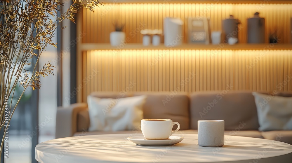 Cozy indoor cafe setting with warm lighting and steaming cups of coffee Cozy indoor cafe setting with warm lighting and steaming cups of coffee