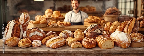 A cheerful bakery scene with an array of artisan bread Artisan bread in a cheerful bakery Warm bakery vibes with fresh loaves Rustic bread display in a cozy bakery