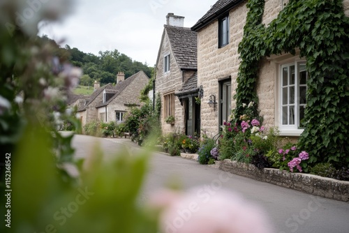 Wallpaper Mural A serene view of stone cottages surrounded by flourishing gardens, perfectly illustrating the charm of countryside living and a harmonious blend with nature. Torontodigital.ca