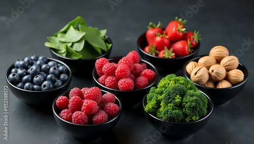 Wallpaper Mural Colorful Superfoods in Black Bowls: Fresh Berries, Greens, Nuts & Broccoli for a Healthy Diet Torontodigital.ca