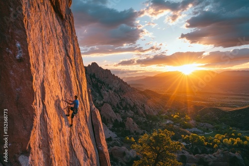 Adventure Seeker Climbing Vertical Rock Face at Sunset with Vibrant Sky and Stunning Mountain Background in Outdoor Wilderness photo