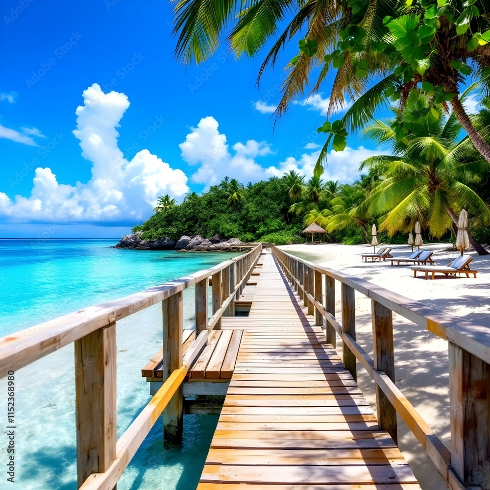 Fototapeta premium Tropical paradise, wooden pier stretching into turquoise ocean
