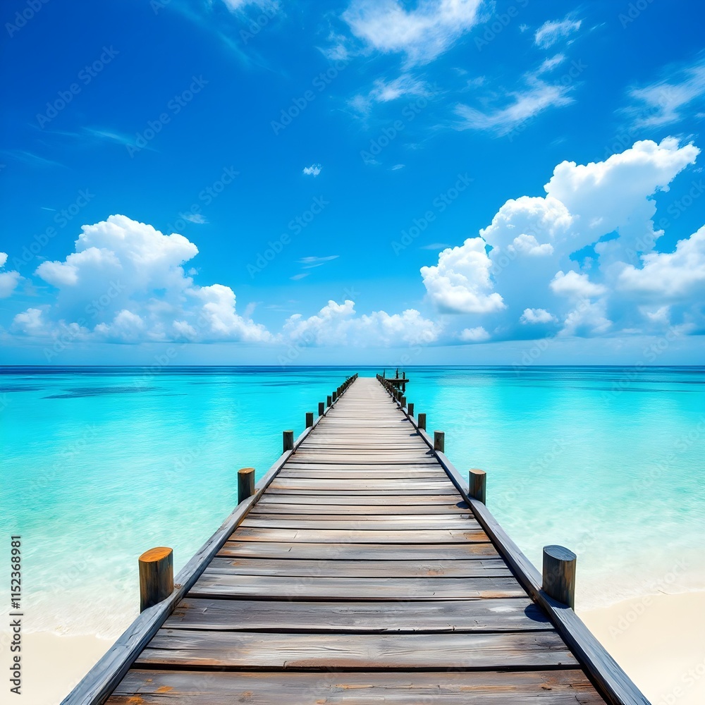 Obraz premium Tropical paradise, wooden pier stretching into turquoise ocean