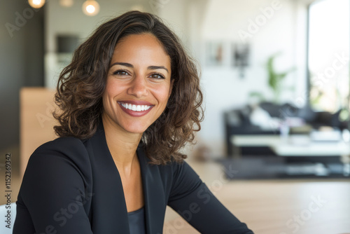 Smiling hispanic young adult female in modern home office setting photo