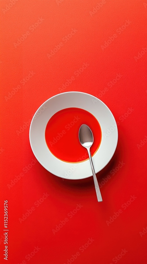 Minimalist White Plate with Tomato Soup and Silver Spoon on Red Background Minimalist White Plate with Tomato Soup and Silver Spoon on Red Background