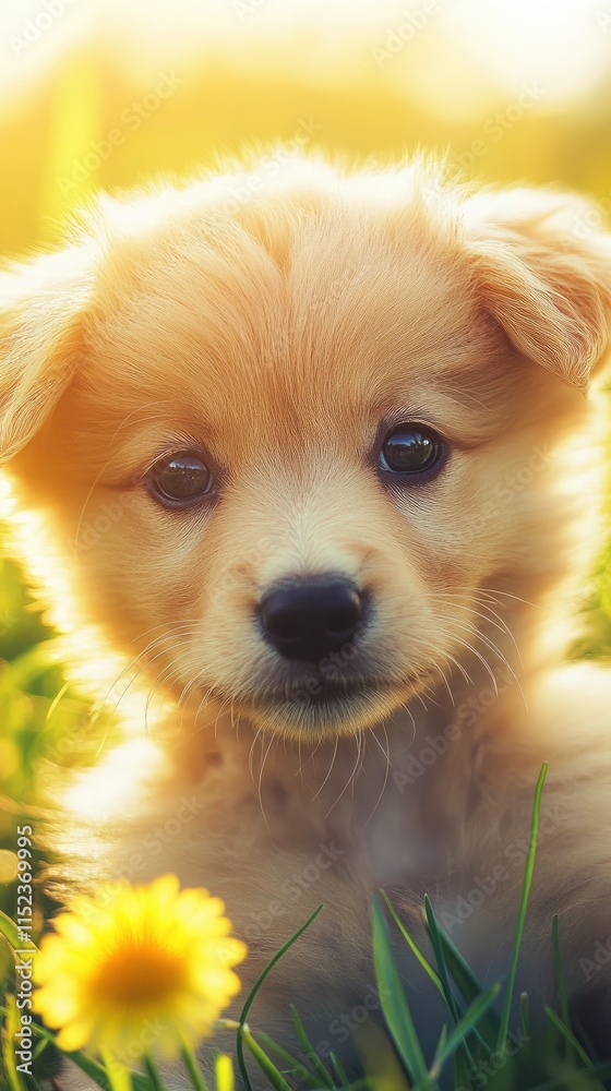 Adorable Golden Puppy in Sunlit Field with Yellow Flowers Adorable Golden Puppy in Sunlit Field with Yellow Flowers