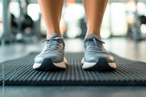 Close-up of athletic shoes on mat in gym setting photo