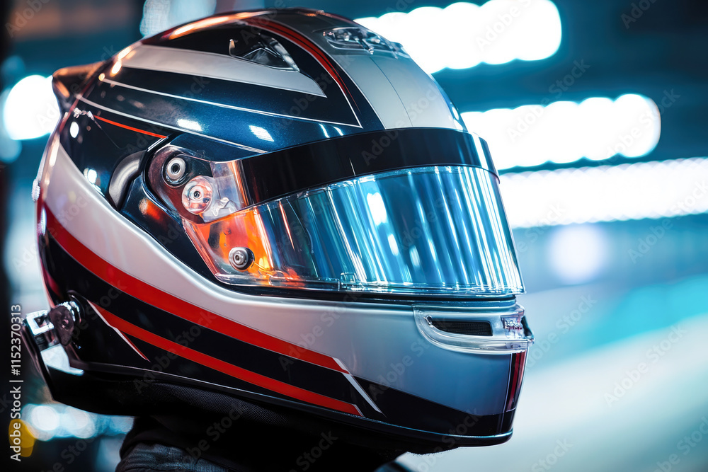 Fototapeta premium Sleek motorcycle helmet with reflective visor and modern racing stripes design