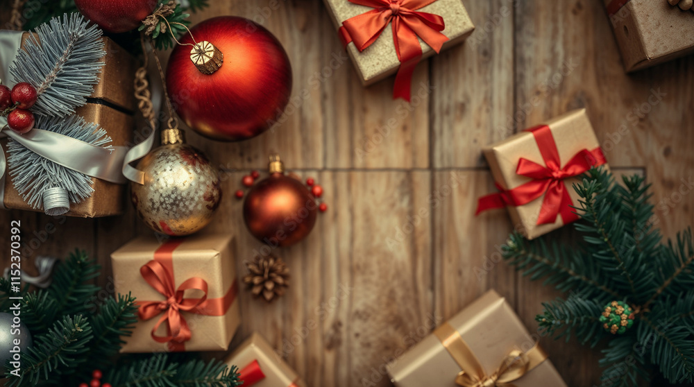 Fototapeta premium christmas decorations on wooden background