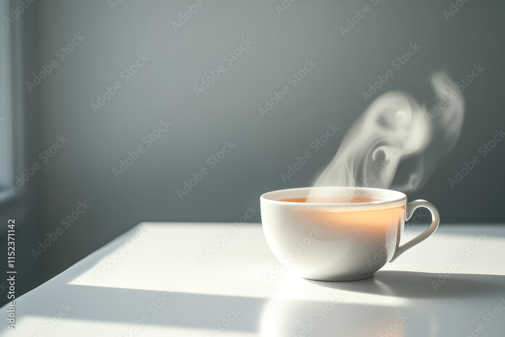 Steaming cup of tea in sunlit minimalist setting Steaming cup of tea in sunlit minimalist setting