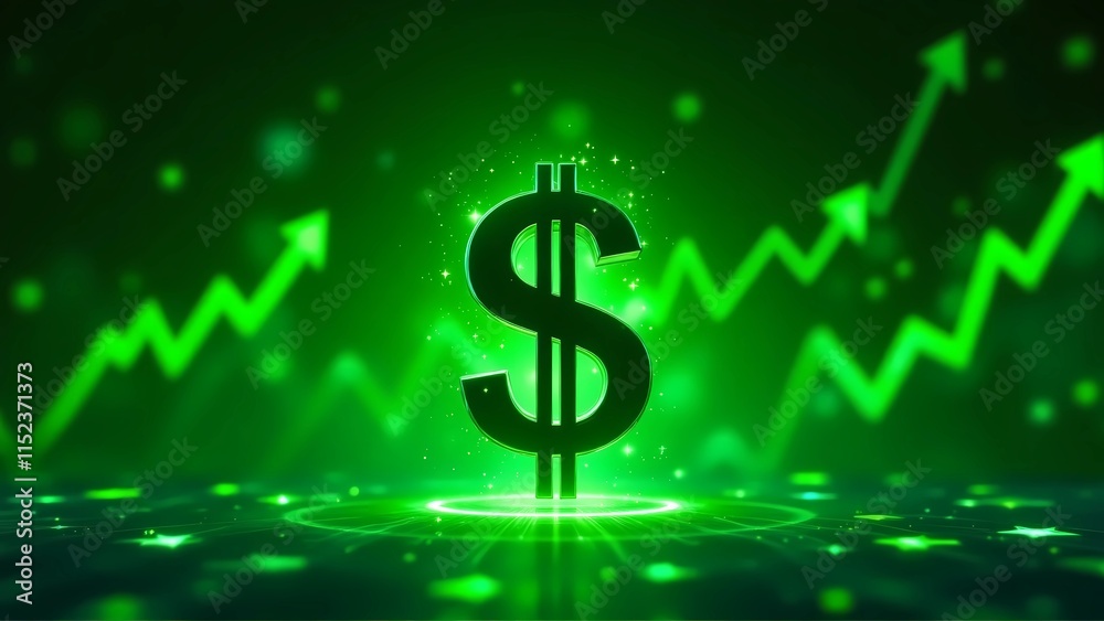 A black of dollar sign with green light, green chart pattern background. Symbolizing financial growth, goals, investment, and earnings A black of dollar sign with green light, green chart pattern background. Symbolizing financial growth, goals, investment, and earnings