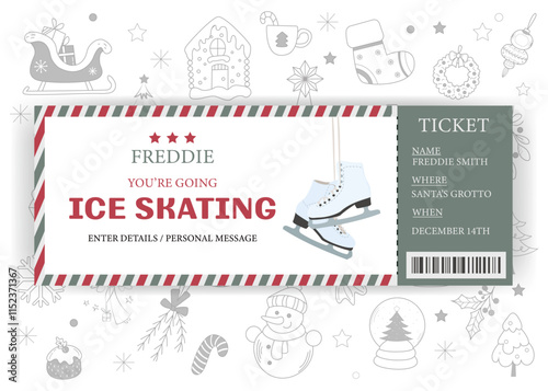 A personalized invitation to the rink. A ticket to figure skating. Vector illustration on the background of doodle drawing.