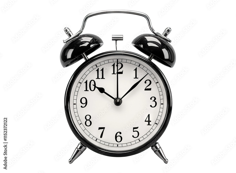 Retro-style metal alarm clock with bold numbers, isolated on transparent cutout background
Retro-style metal alarm clock with bold numbers, isolated on transparent cutout background