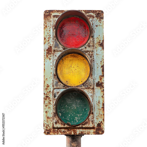 Vintage traffic light with rusted texture, isolated on transparent cutout background
 photo