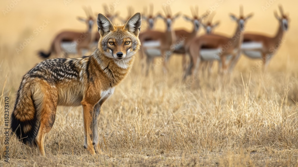 Fototapeta premium A jackal stands alert near antelopes.
