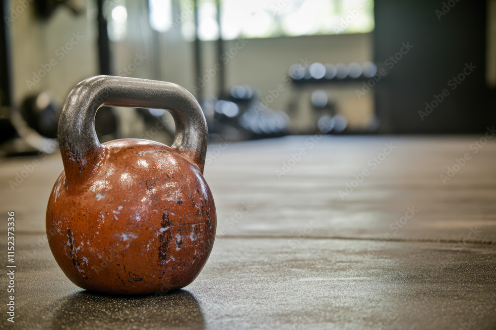 Fototapeta premium Rustic kettlebell on gym floor: strength training and fitness focus