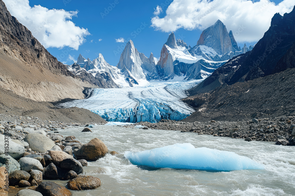 Obraz premium Majestic patagonia mountains with glacial river and blue sky