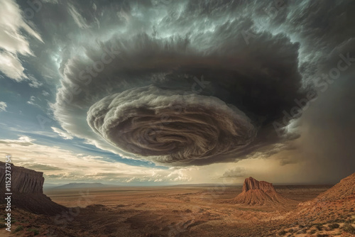 Massive thunderstorm with swirling cloud formation over desert landscape photo