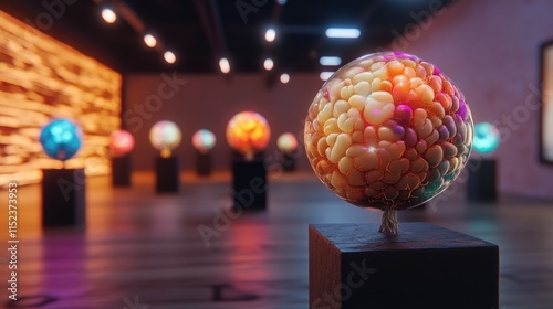 Visitors admire vibrant spherical artworks in a contemporary gallery photo