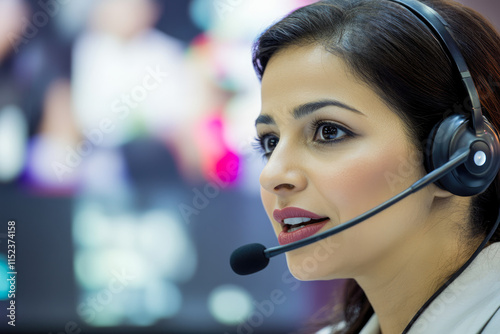 Hispanic female young adult wearing headset in a call center environment
