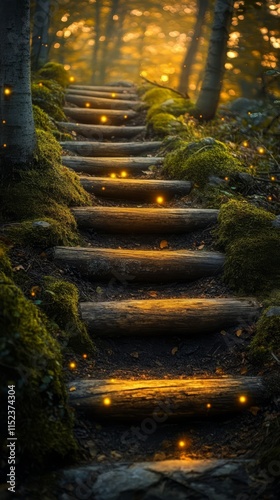 Magical forest trail at sunset. photo