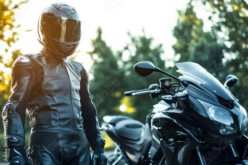 Male biker in black leather gear and helmet standing beside motorcycle in nature setting photo