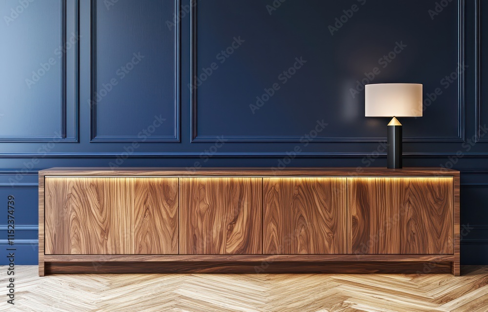 A modern walnut sideboard with a built-in lamp against a deep navy blue wall The sideboarda??s rich walnut finish stands
