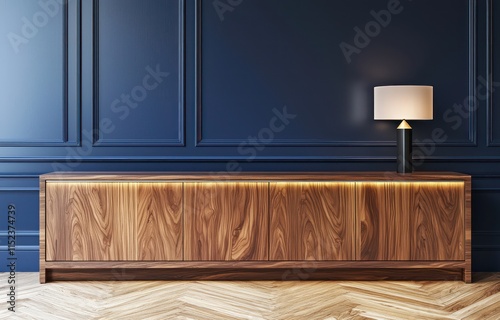Obraz na płótnie A modern walnut sideboard with a built-in lamp against a deep navy blue wall The sideboarda??s rich walnut finish stands w salonie