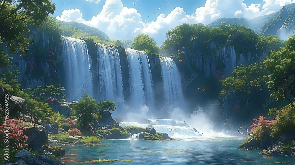 Fototapeta premium Serene waterfall cascading into a tranquil pool, surrounded by lush greenery and vibrant flowers under a bright, sunny sky.