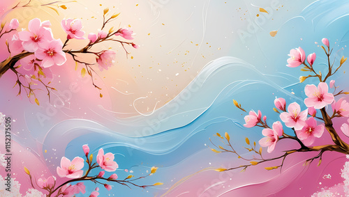 Dreamy Pink Blossoms: A soft, gentle illustration of delicate pink blossoms blooming against a backdrop of dreamy, blue and pink waves.