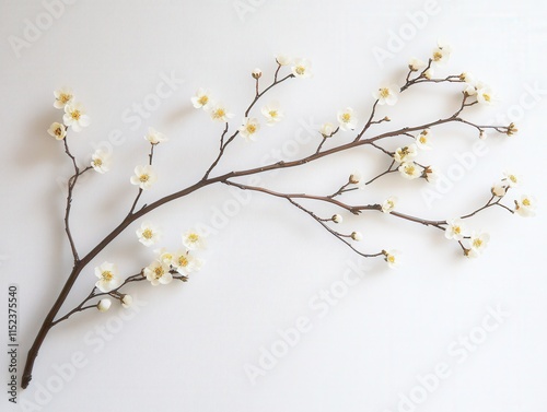 a branch with white flowers on a white background