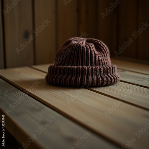 A cinematic image of a beanie on a wooden table, lit with soft, warm light, rich in textures and natural earth tones, a muted palette of browns and beiges, evoking a sense of calmness and nostalgia photo