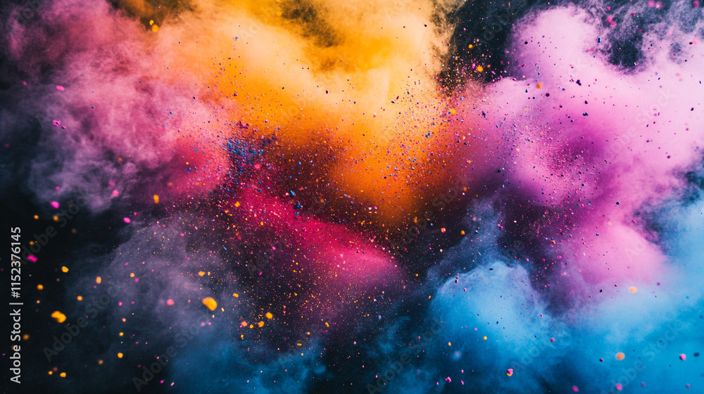 Fototapeta premium Colorful explosion of powder pigments creating a vibrant cloud against a dark background during a celebration event