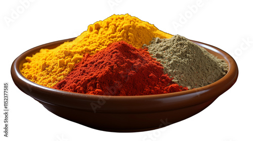 Bright red and yellow spices combined in a bowl, capturing the essence of bold and aromatic flavors, studio view, isolated on transparent background. photo