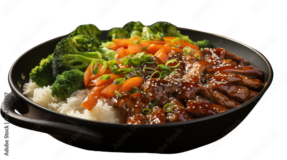 Tasty stir-fried meat and vegetables served on a bed of fluffy rice, garnished with sesame seeds, ready to enjoy, studio view, isolated on transparent background. Tasty stir-fried meat and vegetables served on a bed of fluffy rice, garnished with sesame seeds, ready to enjoy, studio view, isolated on transparent background.