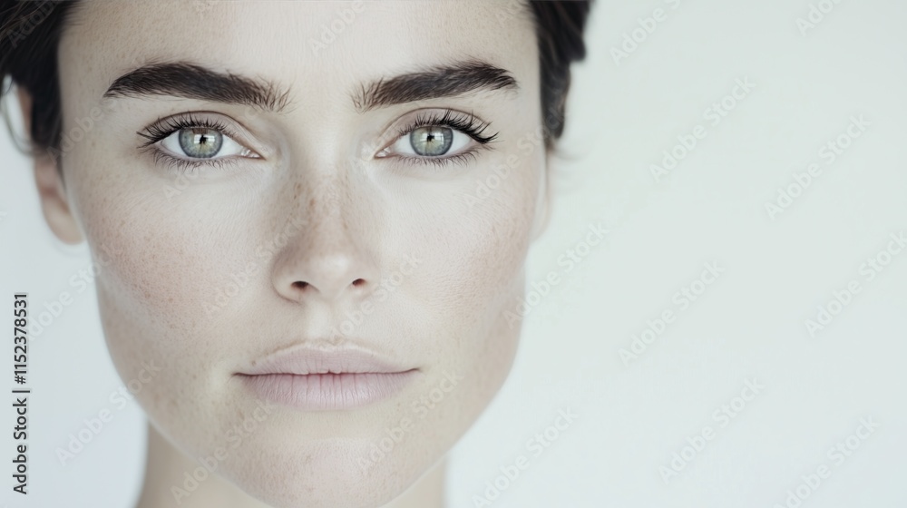 Fototapeta premium Close-up portrait of white pale skin beautiful woman with freckles and defined eyebrows natural beauty
