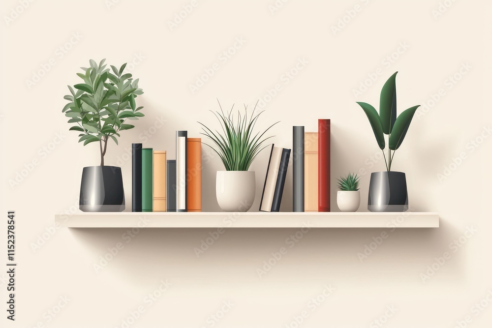A realistic 3D vector illustration of a shelf with books plants in sleek pots and a few small decorative items A realistic 3D vector illustration of a shelf with books plants in sleek pots and a few small decorative items