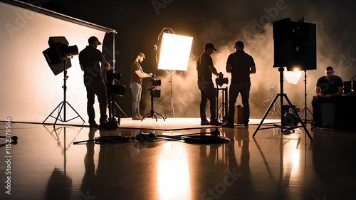 Professional Film Crew Working with Lighting and Camera Equipment on a Set with Smoke Effects

