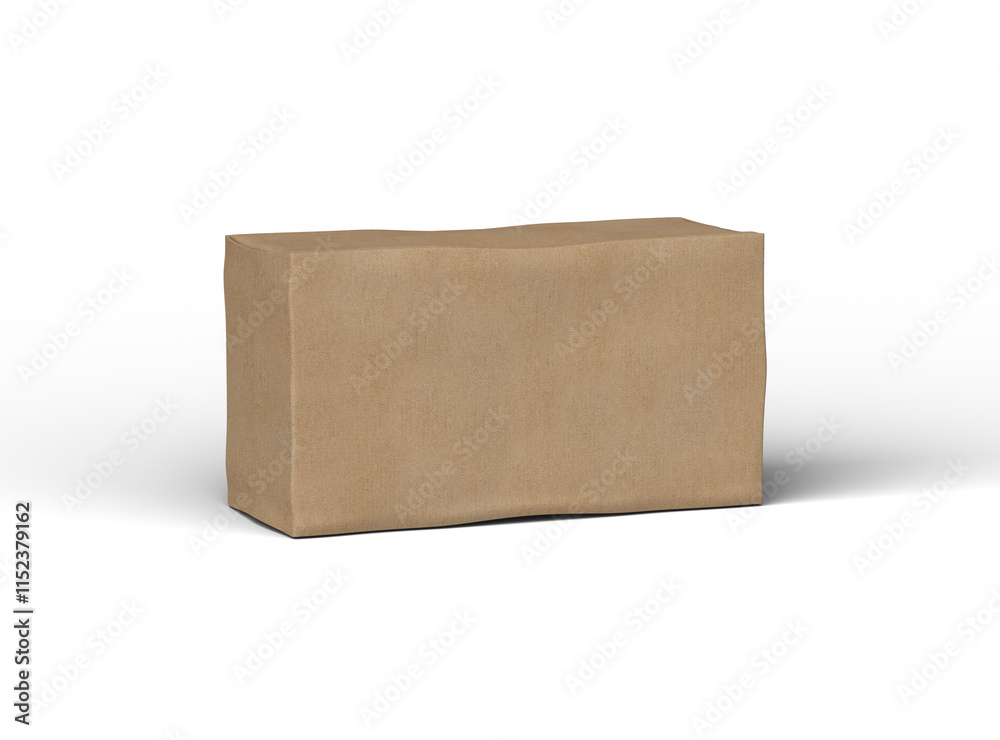 Rendered image of a rectangular cardboard box with dents on a light background Rendered image of a rectangular cardboard box with dents on a light background