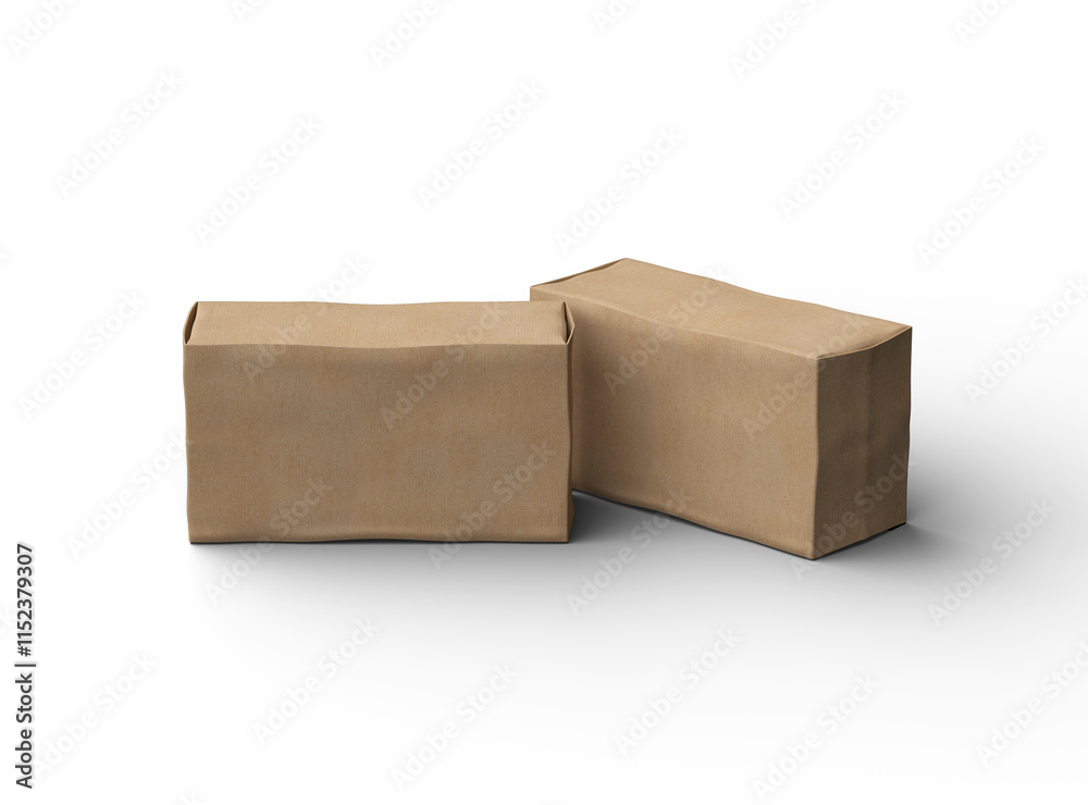 Rendered image of a rectangular cardboard box with dents on a light background Rendered image of a rectangular cardboard box with dents on a light background