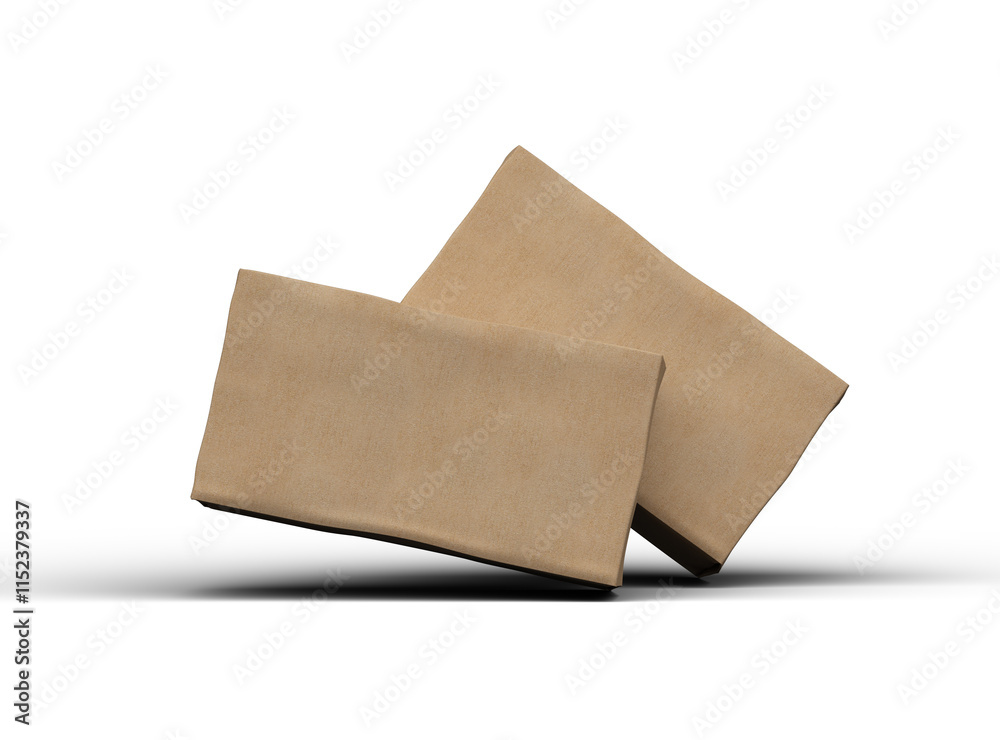 Rendered image of a rectangular cardboard box with dents on a light background Rendered image of a rectangular cardboard box with dents on a light background