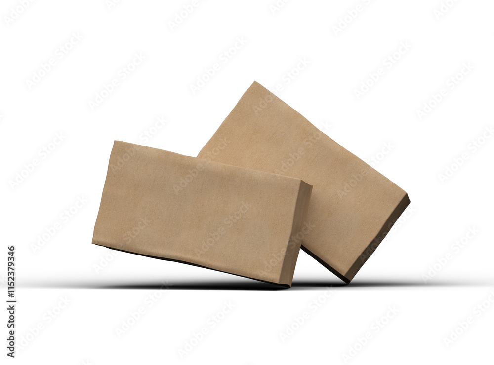 Rendered image of a rectangular cardboard box with dents on a light background Rendered image of a rectangular cardboard box with dents on a light background