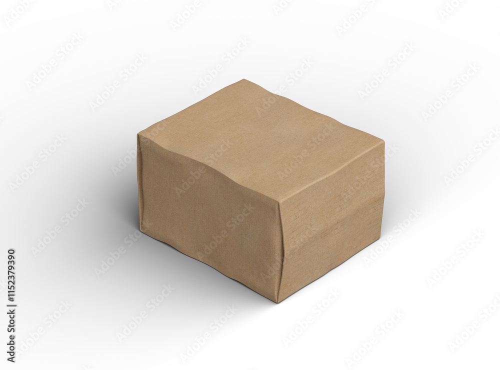 Rendered image of a small rectangular cardboard box with dents on a light background Rendered image of a small rectangular cardboard box with dents on a light background