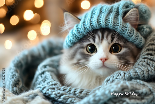 Wallpaper Mural An adorable cat wearing a festive hat, looking cheerful and playful, with bold italic text in the top-right corner that reads "Happy Birthday!", perfect for celebration themes.

 Torontodigital.ca