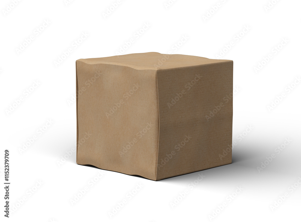 Rendered image of a small cubic cardboard box with dents on a light background Rendered image of a small cubic cardboard box with dents on a light background