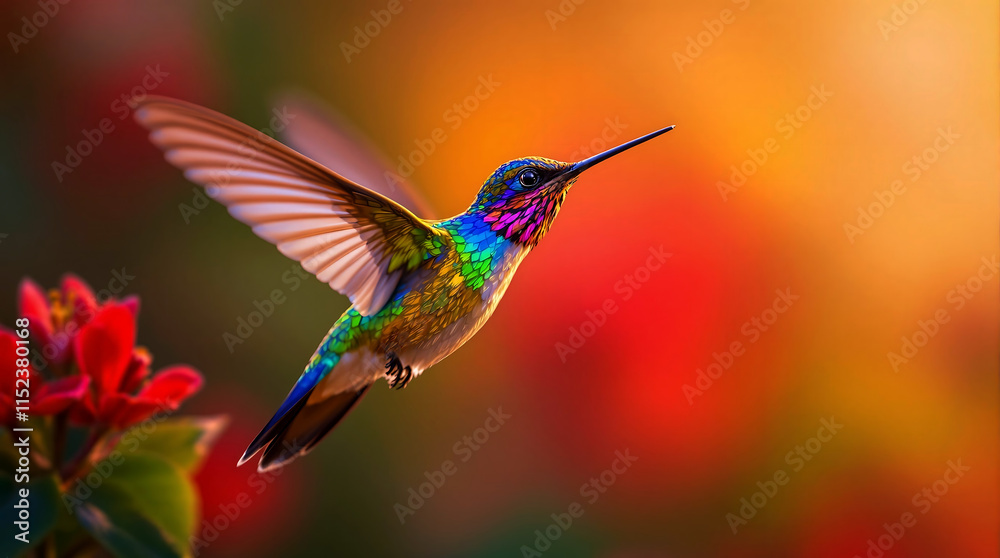 Fototapeta premium Vibrant Hummingbird in Flight with Red Flowers and Golden Sunset Background