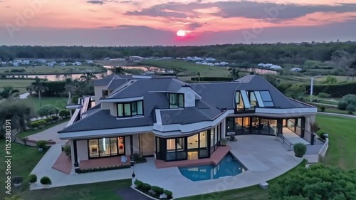 Modern cozy house with a pool and parking for sale or rent, luxurious style, featuring a sunset and beautiful sky, illuminated at night